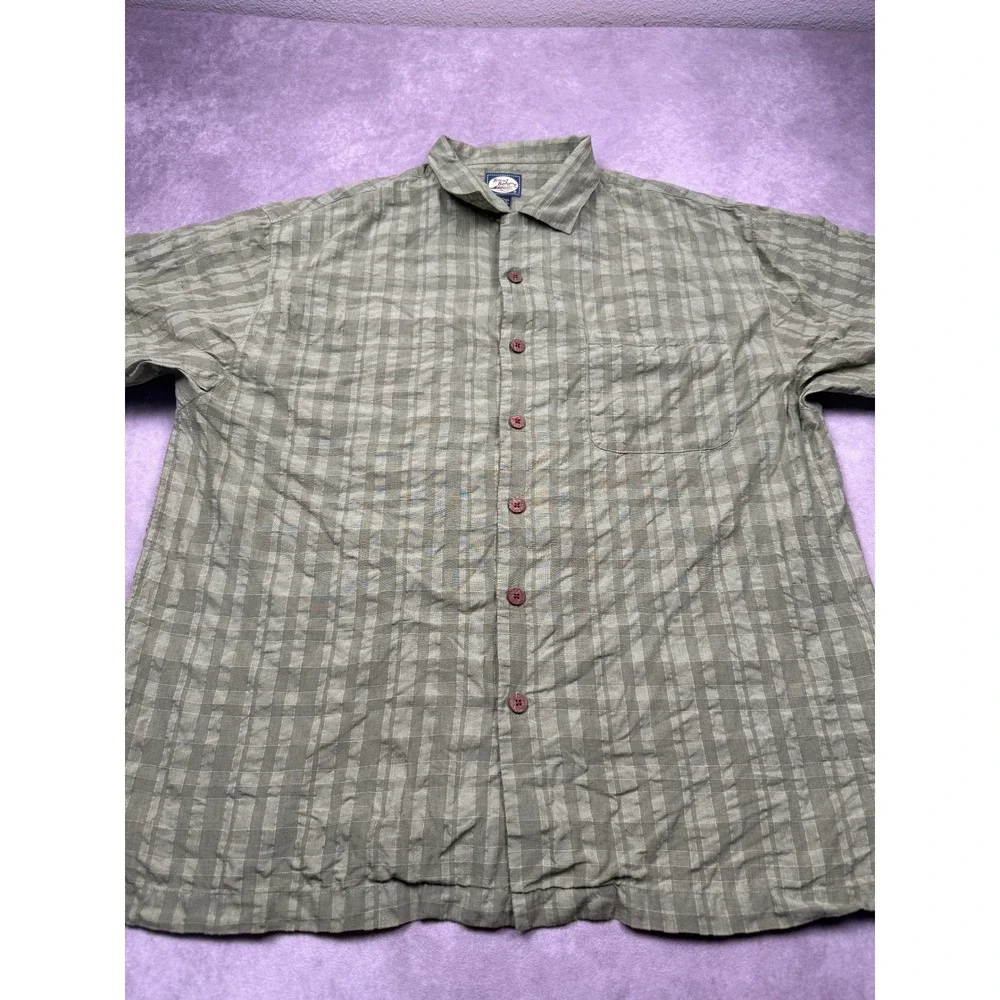 VTG Tommy‎ Bahama 100% Linen Mens XL Plaid Check Button Shirt Sage Green Classic